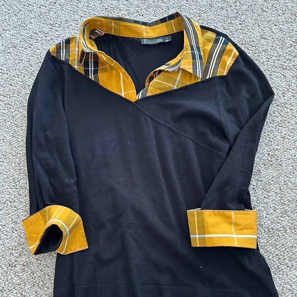7th Avenue Design Studio M Black Sweater Yellow Plaid Office Siren Work Academia